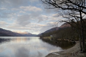 Ian Homer Photography. Loch Lomond from Rowardennan shoreline in Winter with the Arrochar Alps rising snow-capped in the background