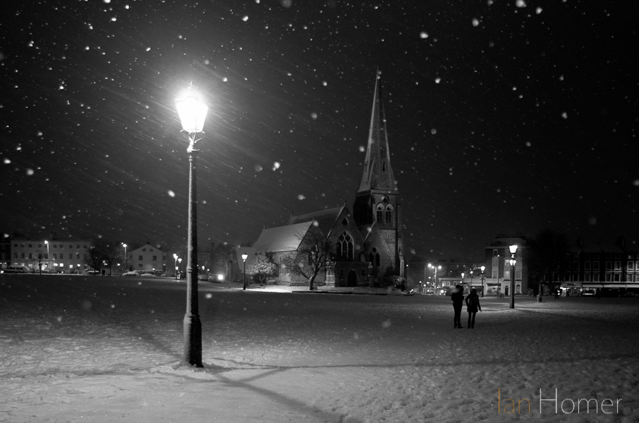 All Saints' Church, Blackheath Common, South London in the snow at night.
